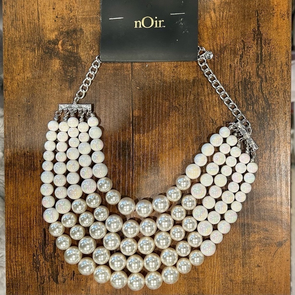 NWT nOir Jewelry Large Pearl Bead Layered Necklace Silver Chain 5 Strand Ivory